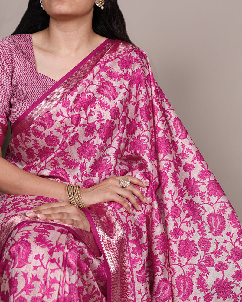 Pink Color Designer Tasar Silk Printed Saree