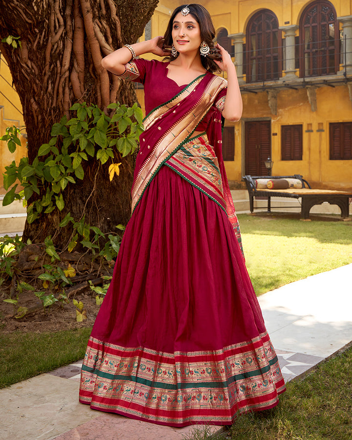 Maroon Color Pure Nylon Chanderi Plain Half Saree