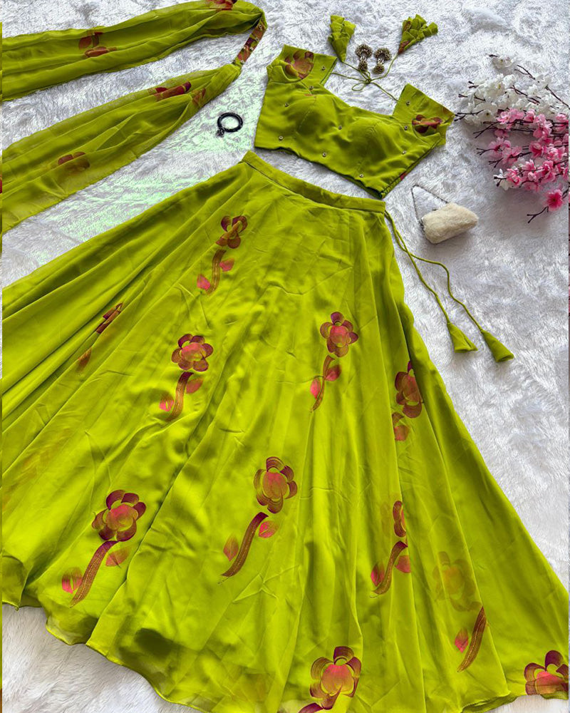 Mehndi Color Pure georgette Printed Lehenga Choli