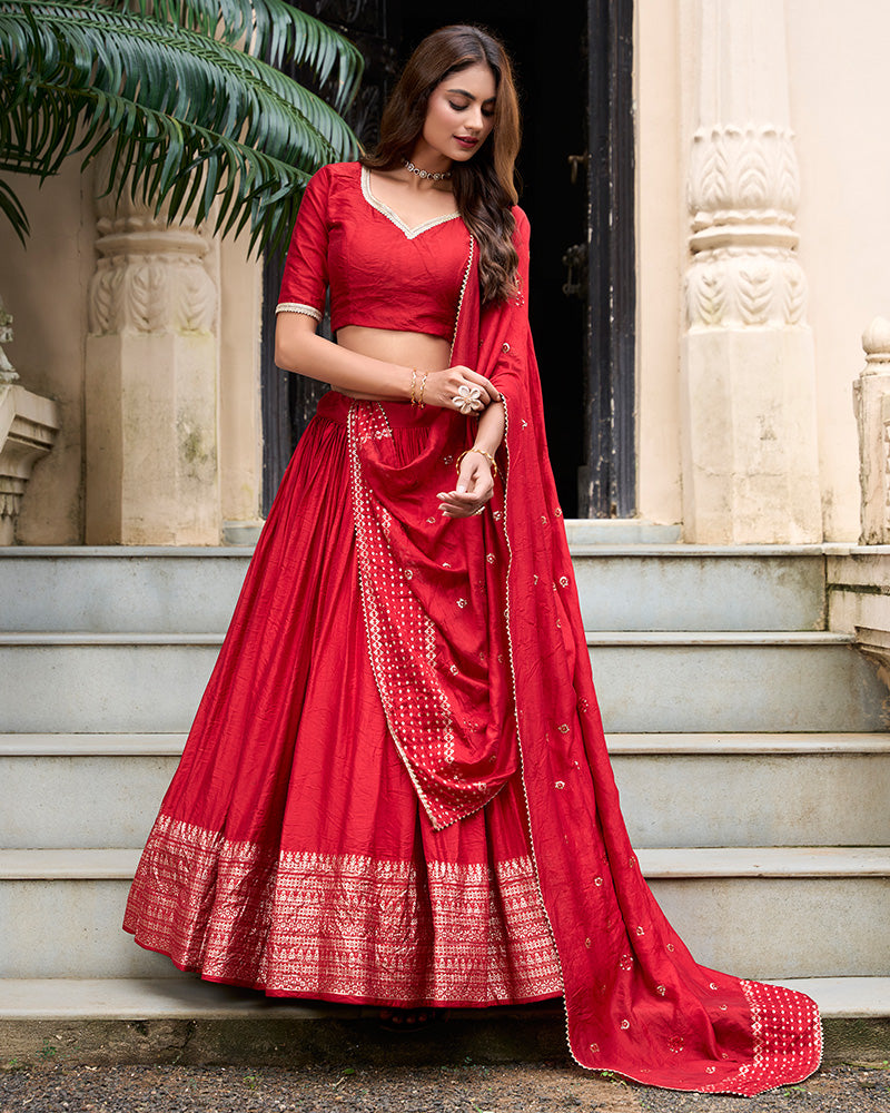 Red Color Pure Chanderi Plain Navratri Half Saree