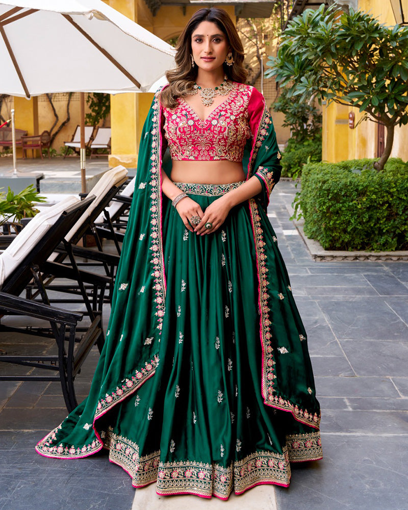 Green Color Satin Silk Embroidered Lehenga Choli