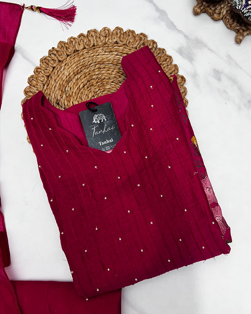 Rani Pink Color Roman Chanderi Silk Embroidered Plazzo Suit