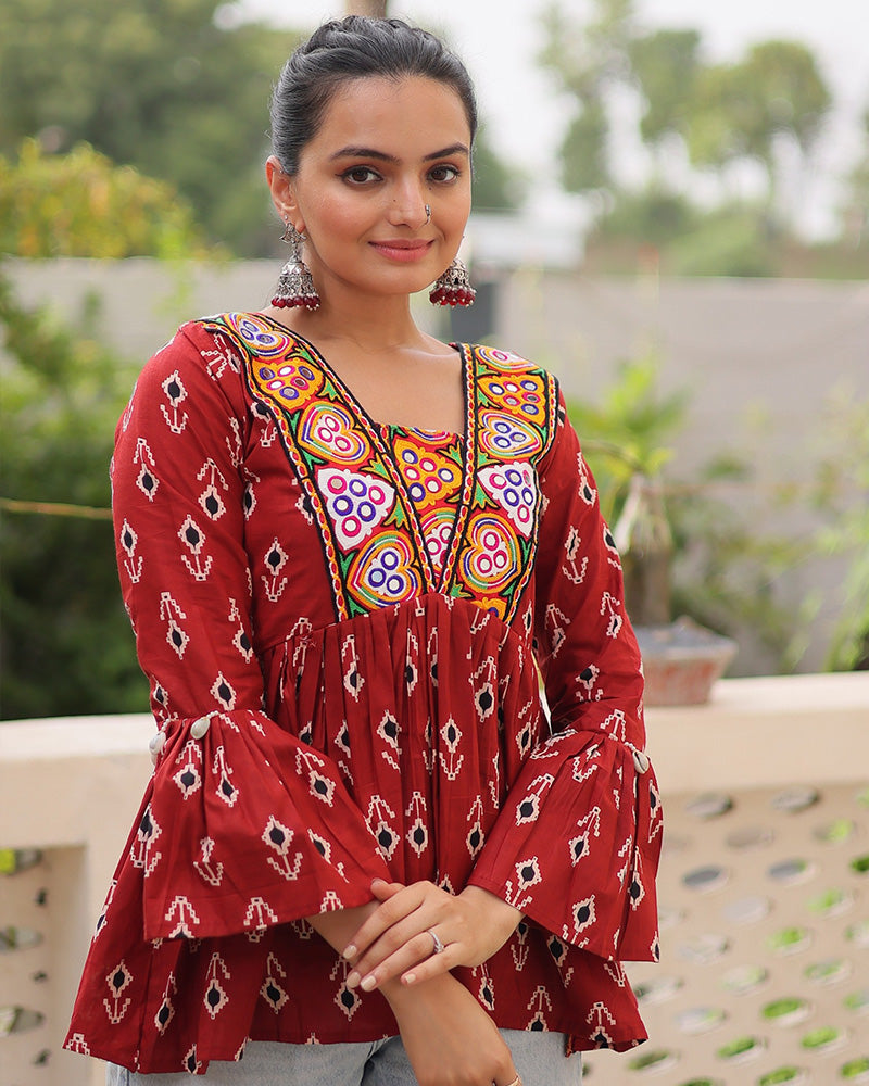 Maroon Color Cotton Printed Navratri Kediya