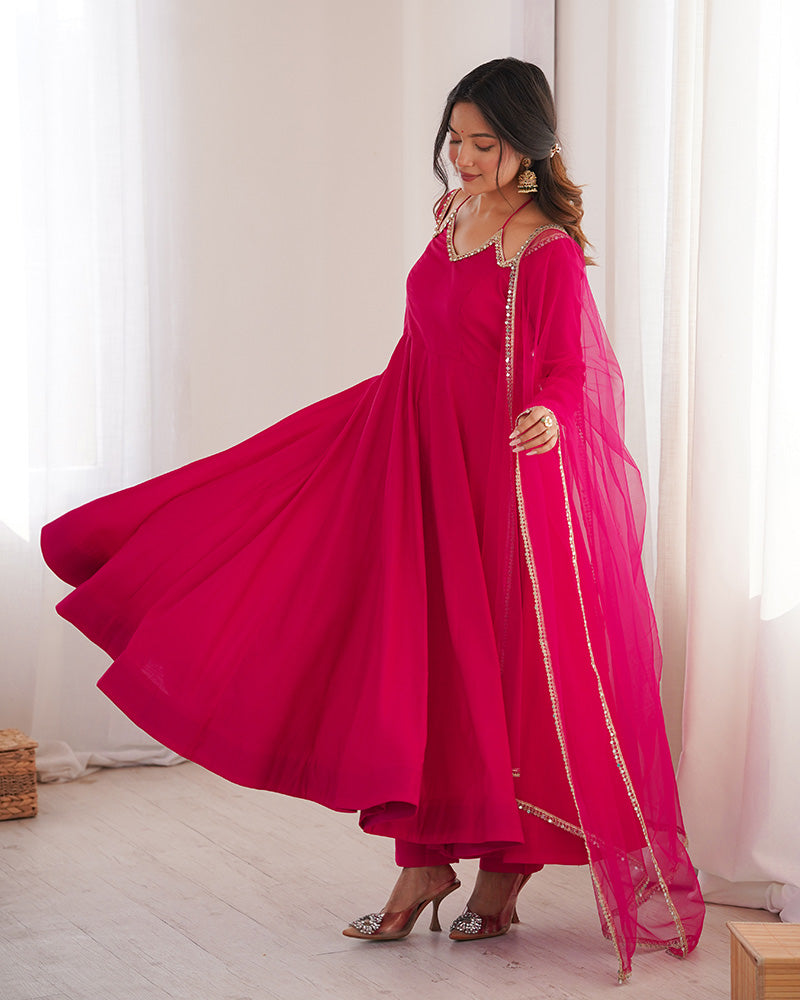 Rani Pink Color Chanderi Roman Silk Three Piece Anarkali Suit