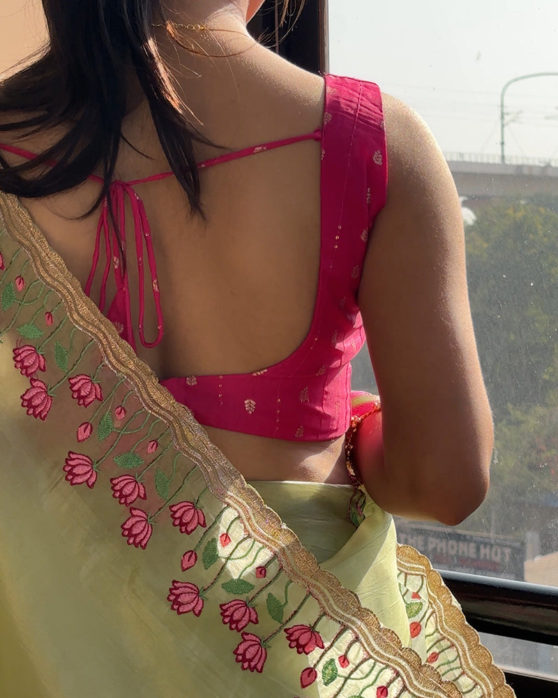 Parrot Green Color Chiffon Embroidered Saree