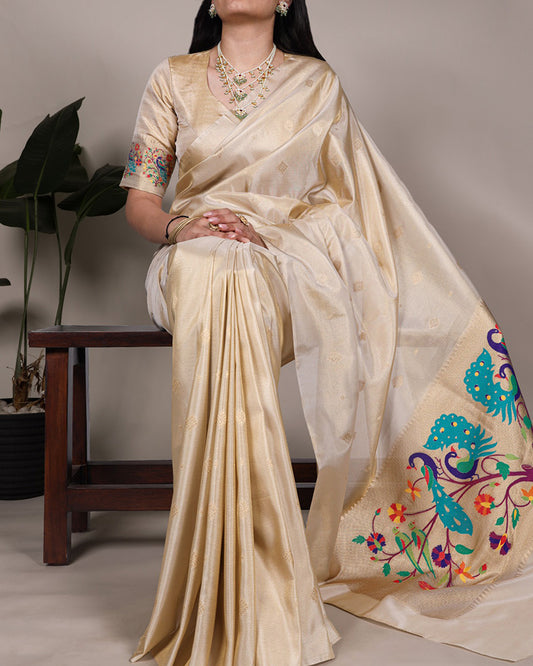 Cream Color Zari Weaving Tissue Paithani Saree