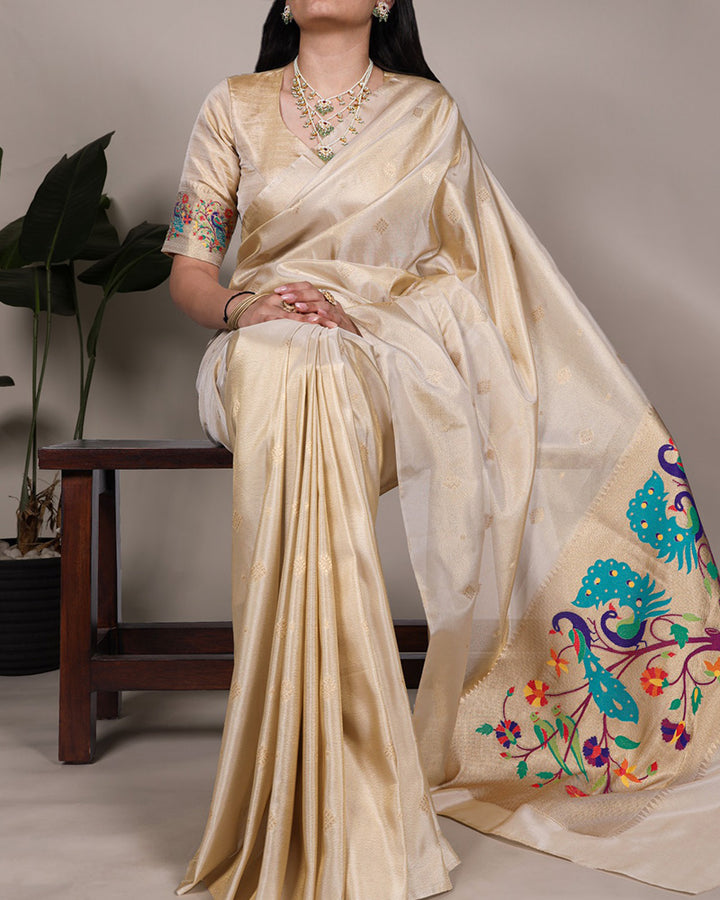 Cream Color Zari Weaving Tissue Paithani Saree