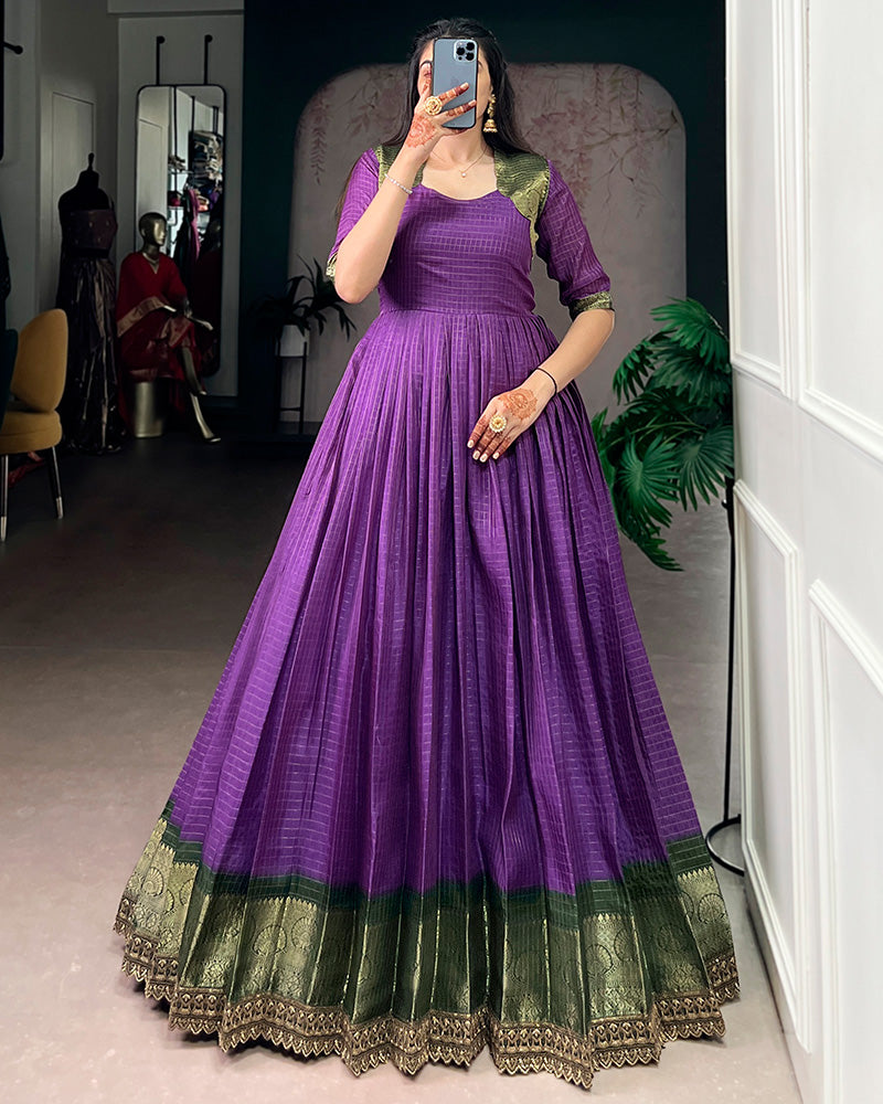Purple Color Dola Chex Zari Weaving Gown