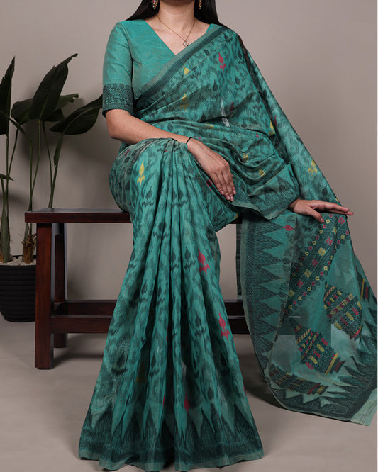 Teal Green Color Thread Weaving Poly Cotton Saree