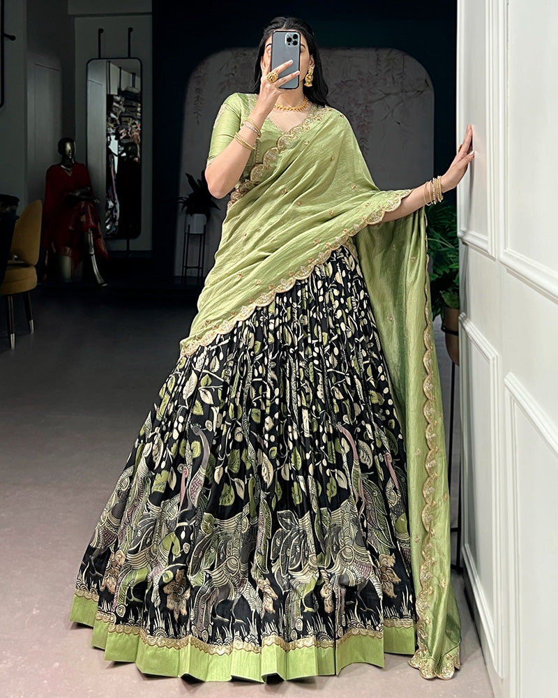 Black Color Tussar Silk Kalamkari Printed Lehenga Choli