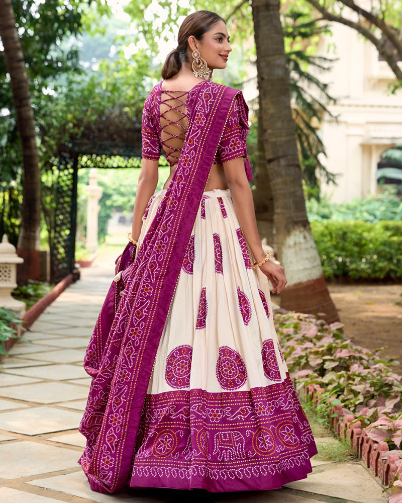 Wine Color Tussar Silk Bandhej Printed Lehenga Choli