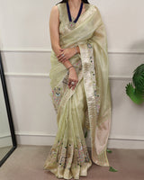 Pista Color Embroidered Kota Tissue Saree