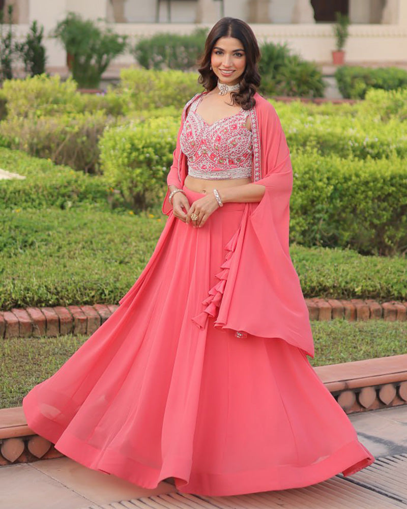 Peach Color Faux Georgette Embroidered Lehenga Choli