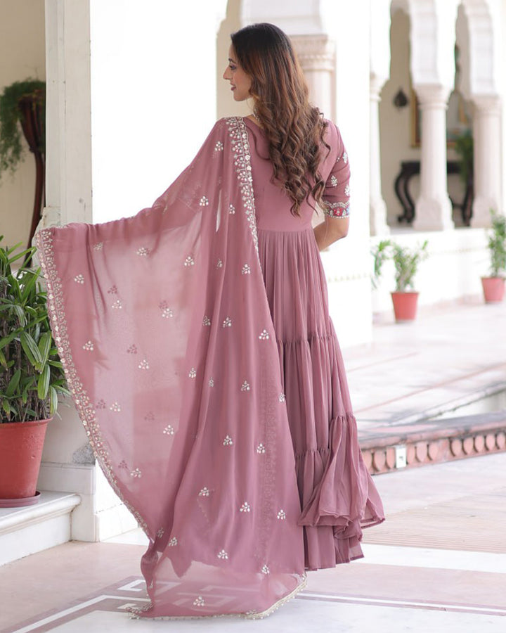 Mauve Pink Color Faux Blooming Embroidered Gown