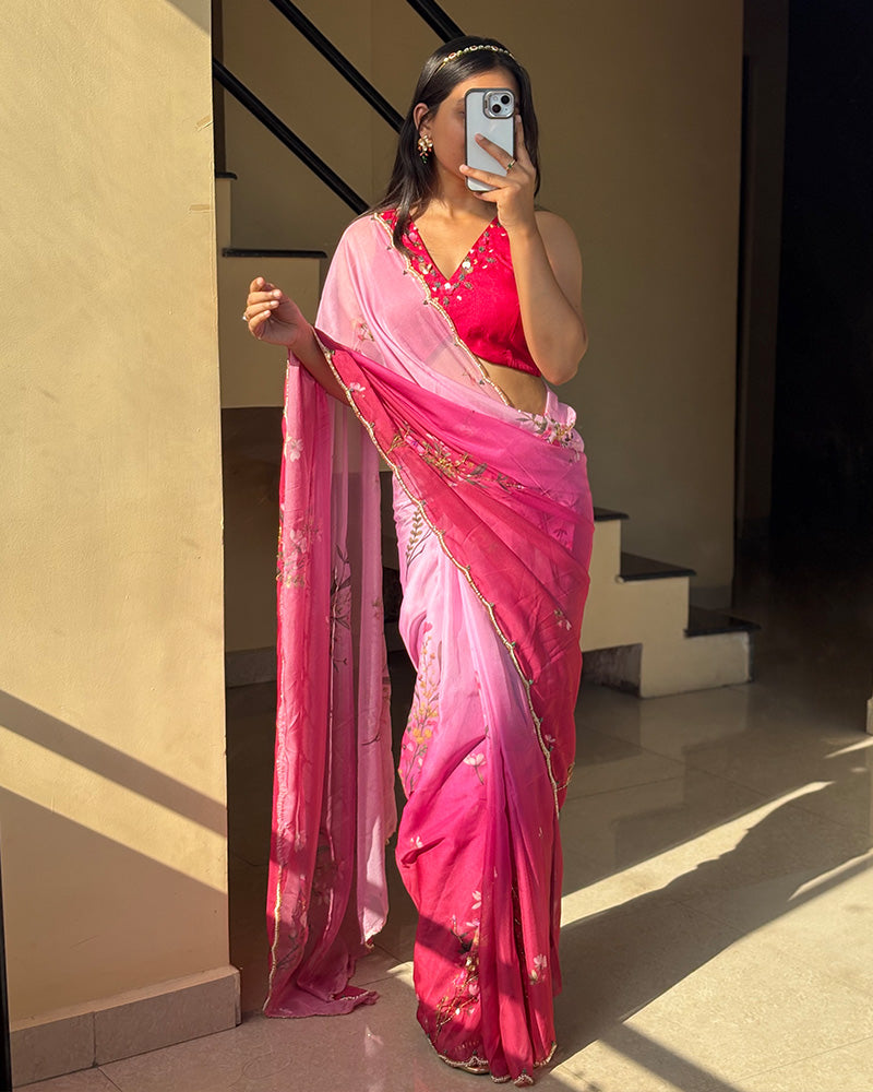 Pink Color Tebby Silk Floral Printed Saree