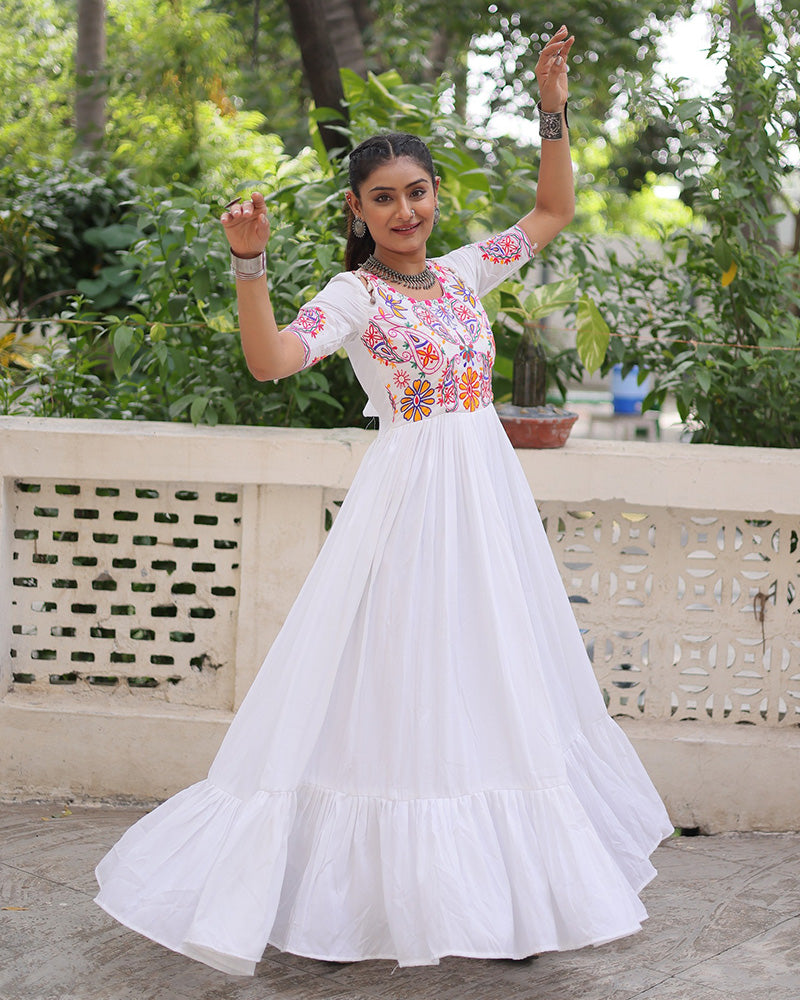 White Color Rayon Kutchi Gamthi Style Navratri Gown