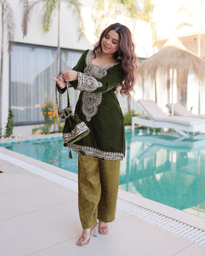 Mehndi Color Velvet Embroidered Kurti Suit