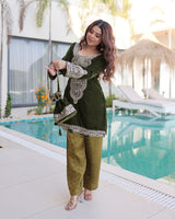 Mehndi Color Velvet Embroidered Kurti Suit