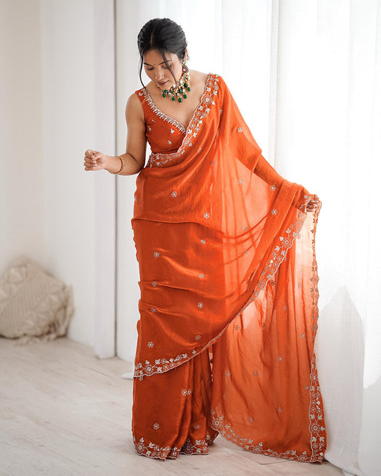 Rust Orange Color Fendi Silk Embroidered Saree
