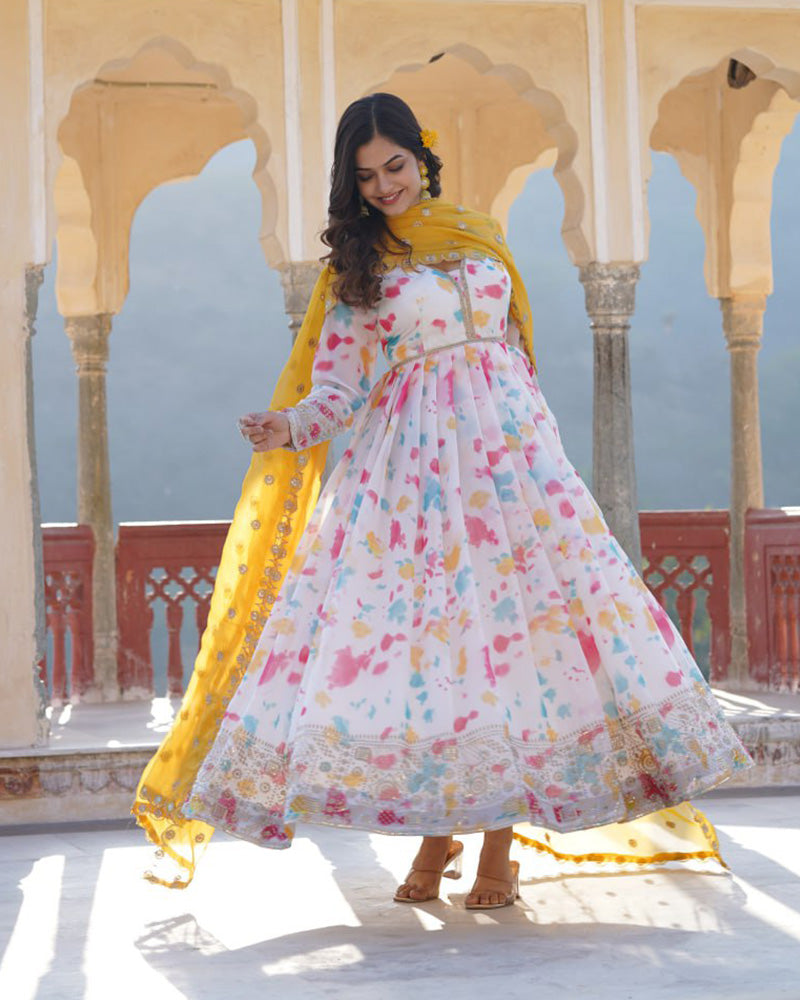 Wedding Wear Floral Embroidered White Color Gown With Dupatta