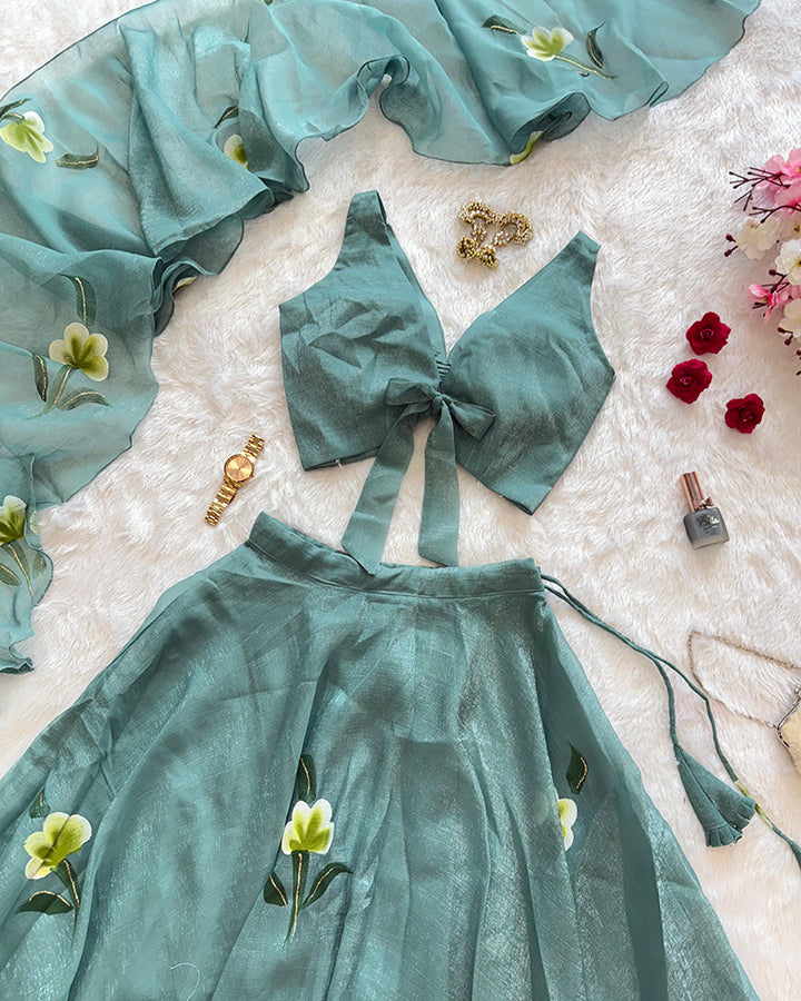 Sea Green Color Fandy Crush Printed Lehenga Choli