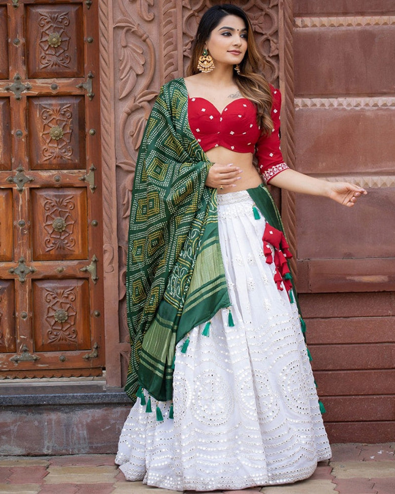 White Color Georgette Paper Mirror Work Lehenga Choli