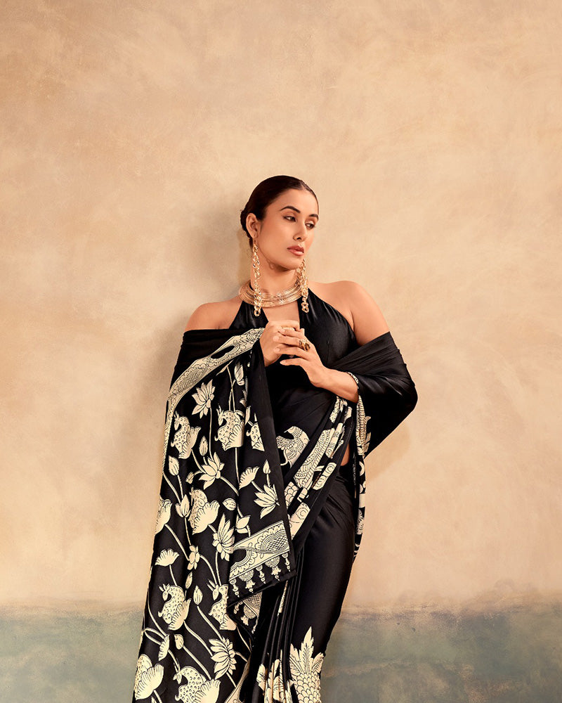 Black Color Satin Silk Kalamkari Printed Saree