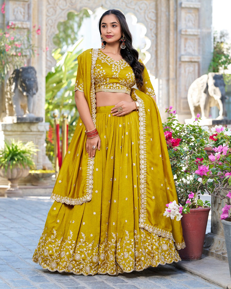 Mustard Color Vichitra Silk Thread Embroidered Lehenga Choli