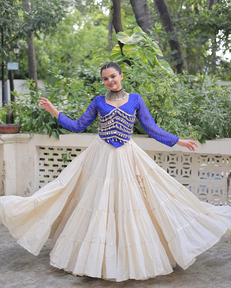 Royal Blue Color Laheriya Print Kurti With Kora Cotton Lehenga