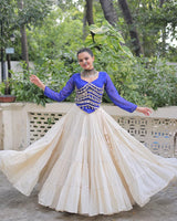 Royal Blue Color Laheriya Print Kurti With Kora Cotton Lehenga