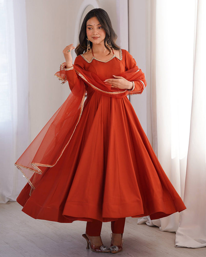 Rust Orange Color Chanderi Roman Silk Three Piece Anarkali Suit