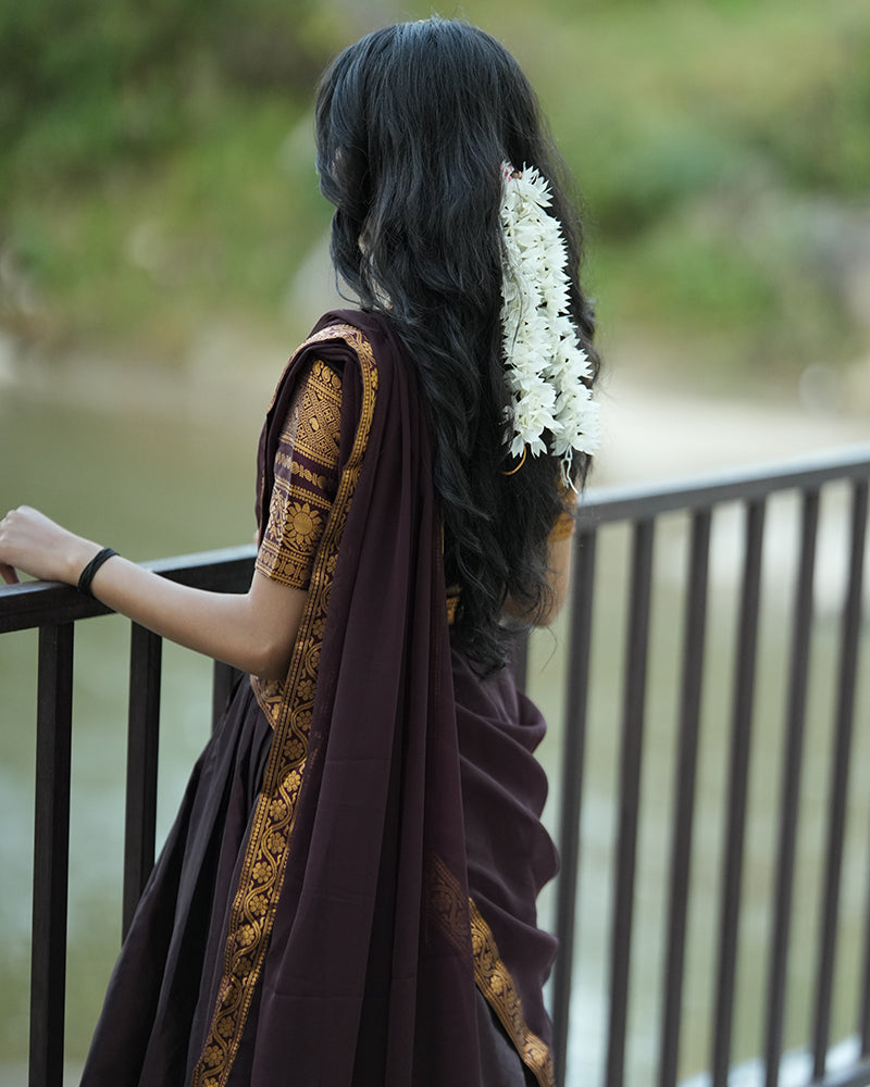 Dark Brown Color Kanjivaram Silk Zari Weaving Half Saree