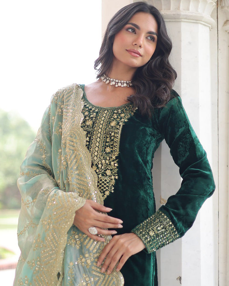 Green Color Velvet Three Piece Kurti Suit