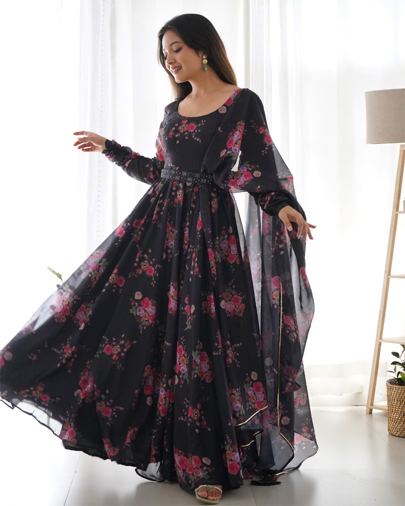 Black Color Floral Print Soft Organza Silk Kali Cut Anarkali Suit