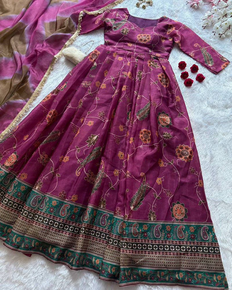 Onion Color Digital Printed Soft Organza Gown