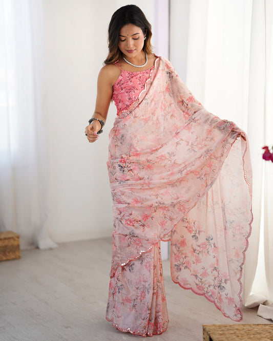 Baby Pink Color Chinnon Silk Mirror Work Saree