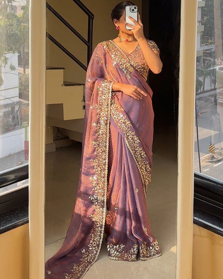 Dusty Mauve Color Fendi Chiffon Sequence Embroidered Saree