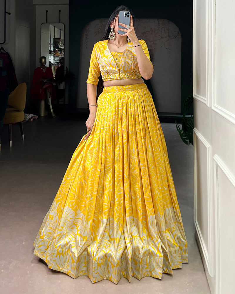 Yellow Color Tasar Silk Laheriya Printed Lehenga Choli