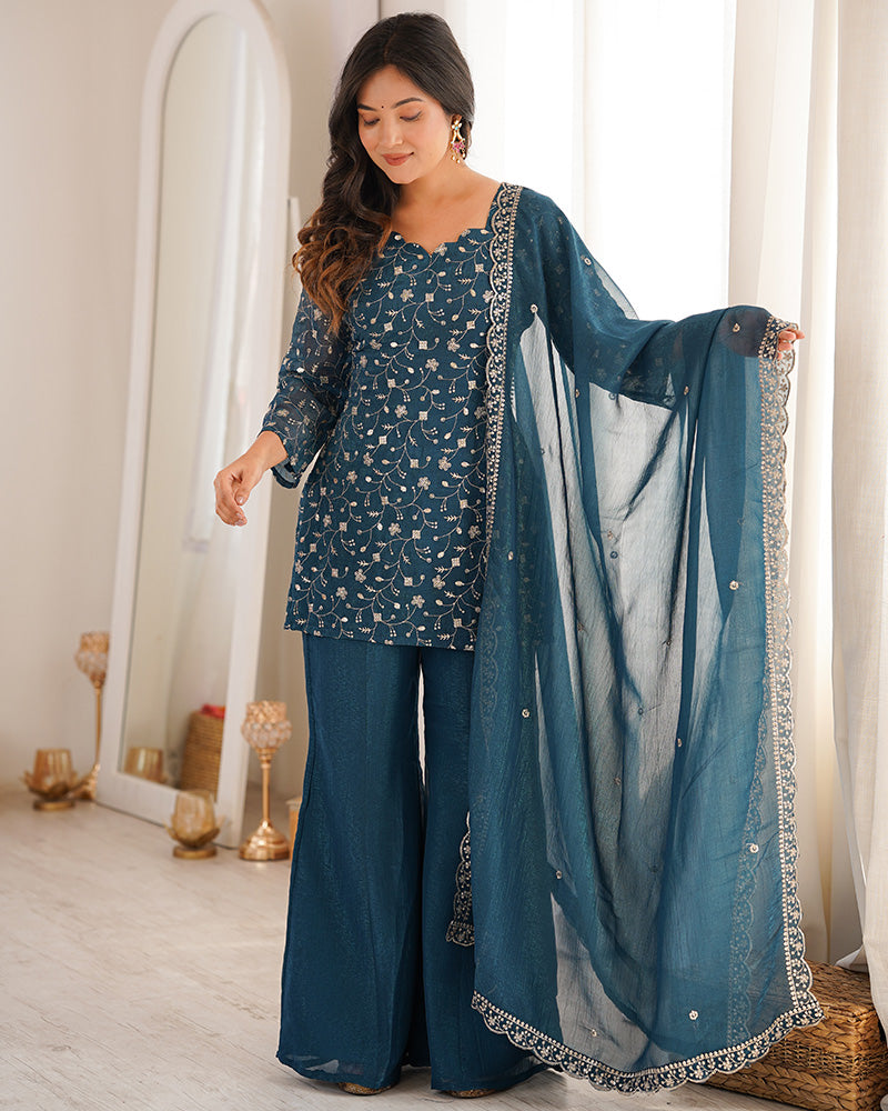 Teal  Blue Color Crunchy Silk Embroidered Plazzo Suit