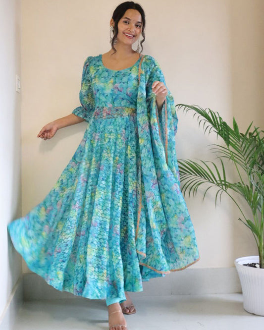Sky Blue Color Printed French Net Anarkali Suit