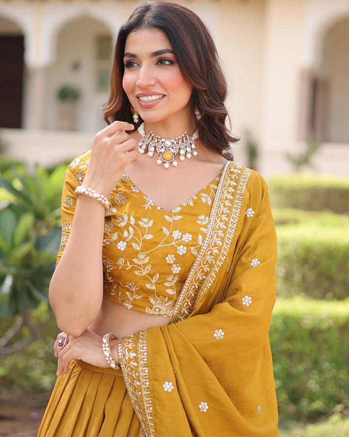 Mustard Gold Color Vichitra Silk Embroidered Lehenga Choli