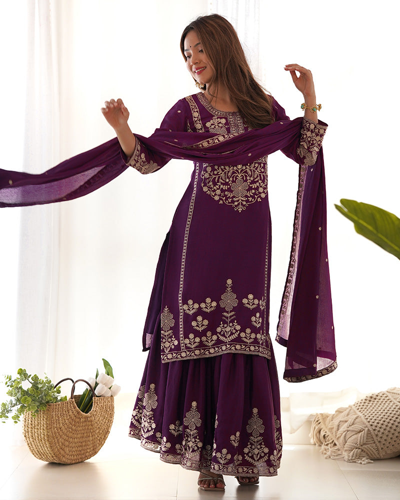 Wine Color Pure Chinon Silk Embroidered Plazzo Suit