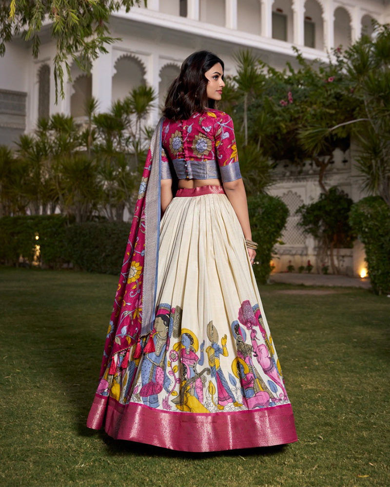 Off-White Color Dola Silk Kalamkari Printed Lehenga Choli