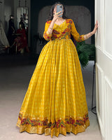 Mustard Color Viscose Chanderi Printed Gown