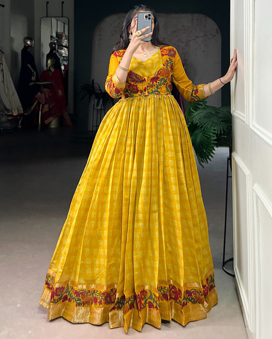 Mustard Color Viscose Chanderi Printed Gown