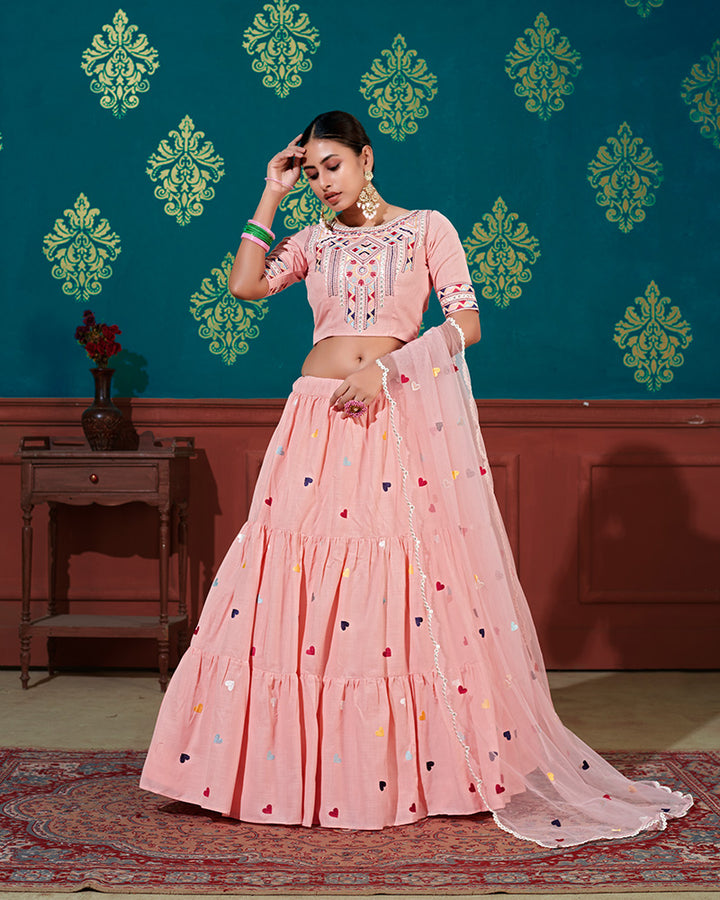 Peach Color Thread Embroidered Cotton Semi Stitched Lehenga Choli