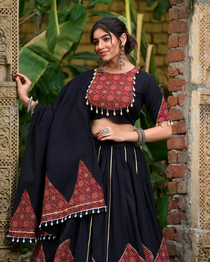 Black Color Cotton Paper Mirror Work Navratri Lehenga Choli