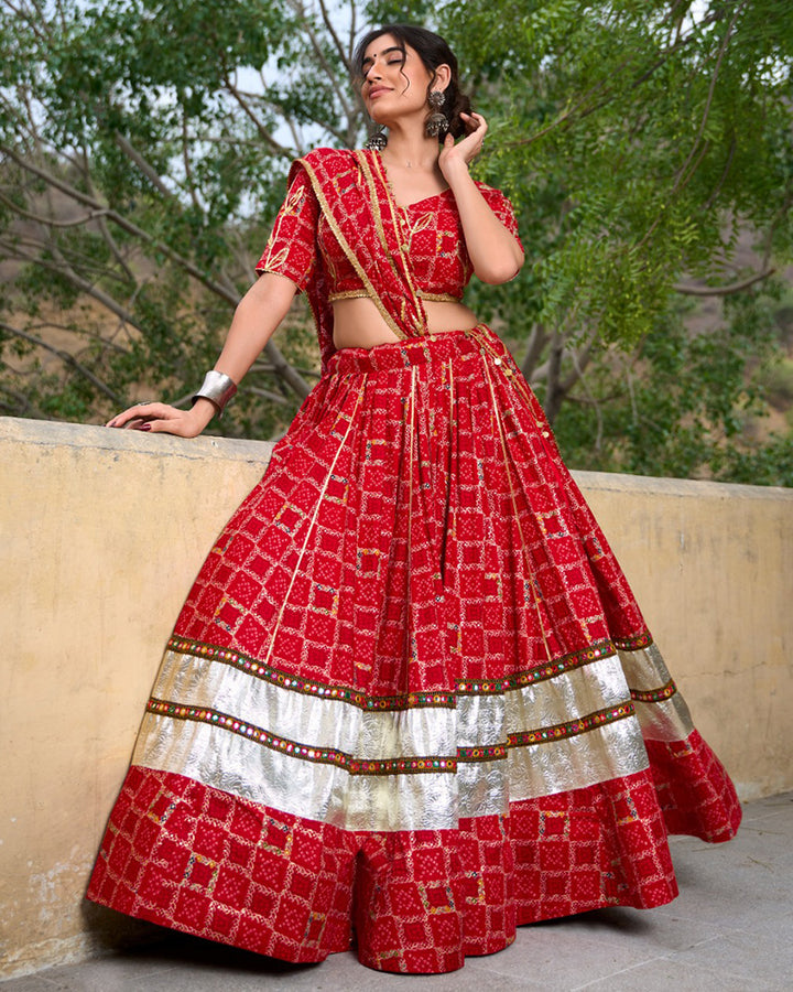 Red Color Rayon Foil Printed Navratri Lehenga Choli