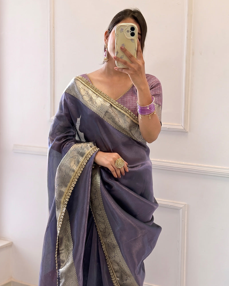 Dusty Blue Color Banarasi Tissue Silk Saree