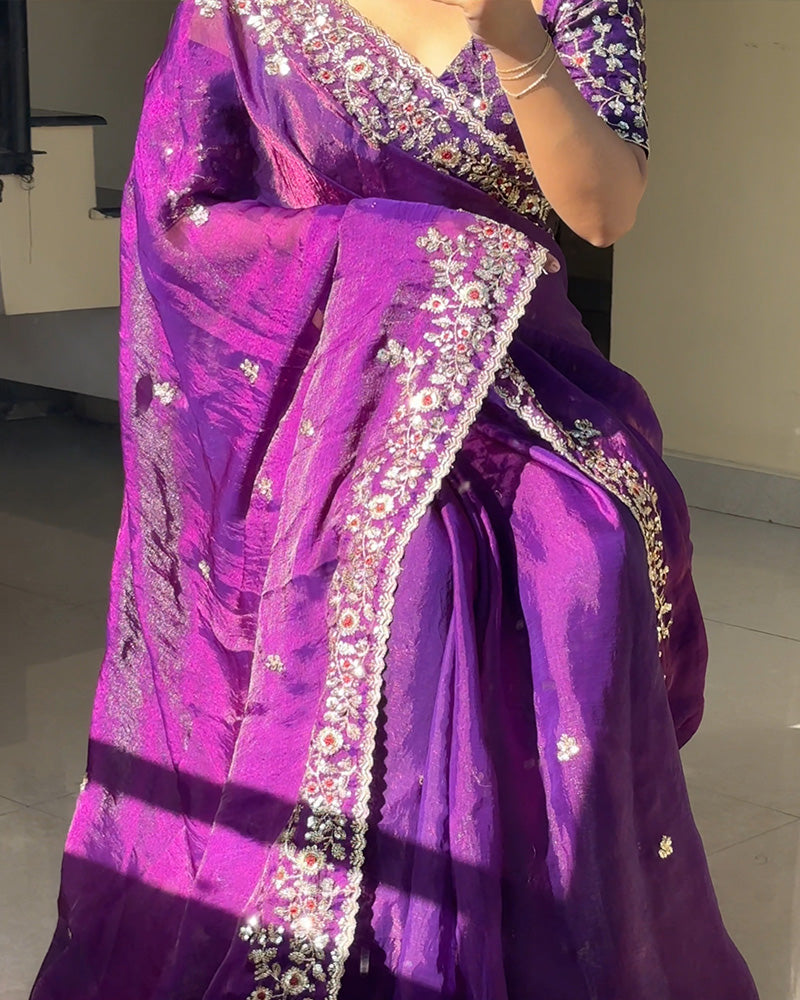 Purple Color Fendi Chiffon Sequence Embroidered Saree
